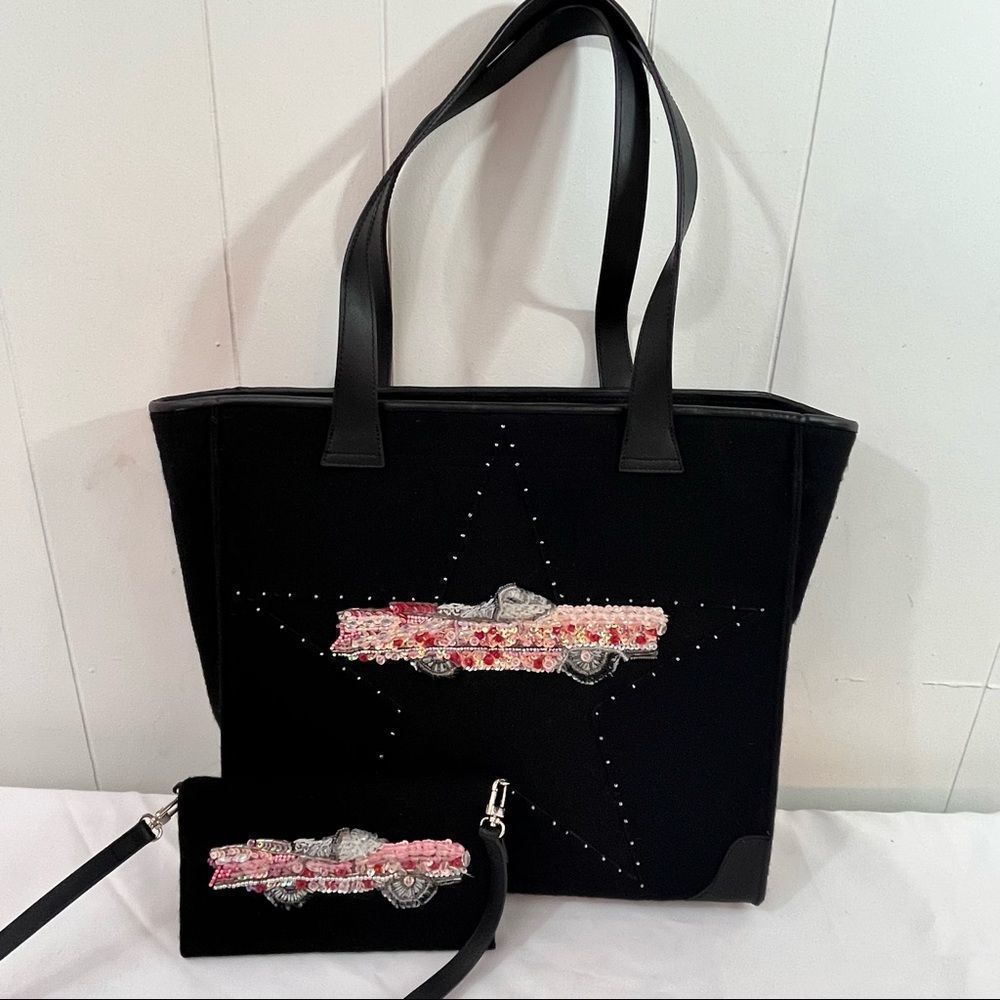 Michael Simon Pink Cadillac Black Tote Travel Bag Matching Wallet Crossbody